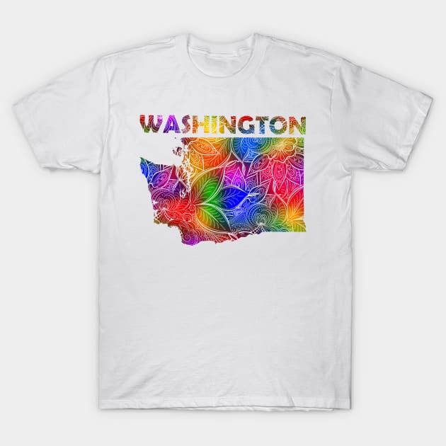 Colorful mandala art map of Washington with text in multicolor pattern T-Shirt by Happy Citizen